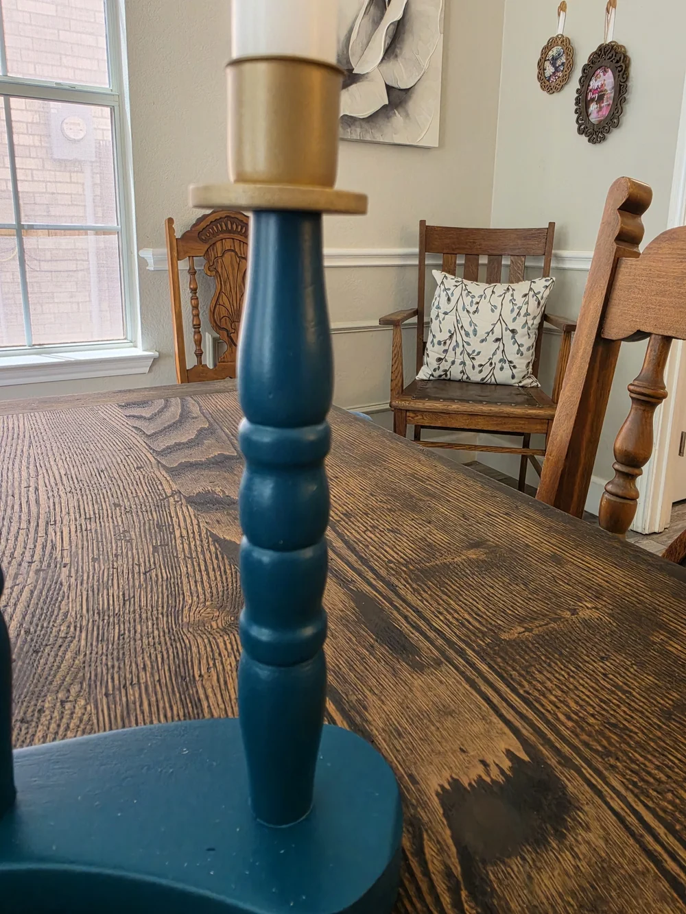 Deep Teal Blue Wood 3-Arm Taper Candle Candelabra Centerpiece Gold Metal Cups